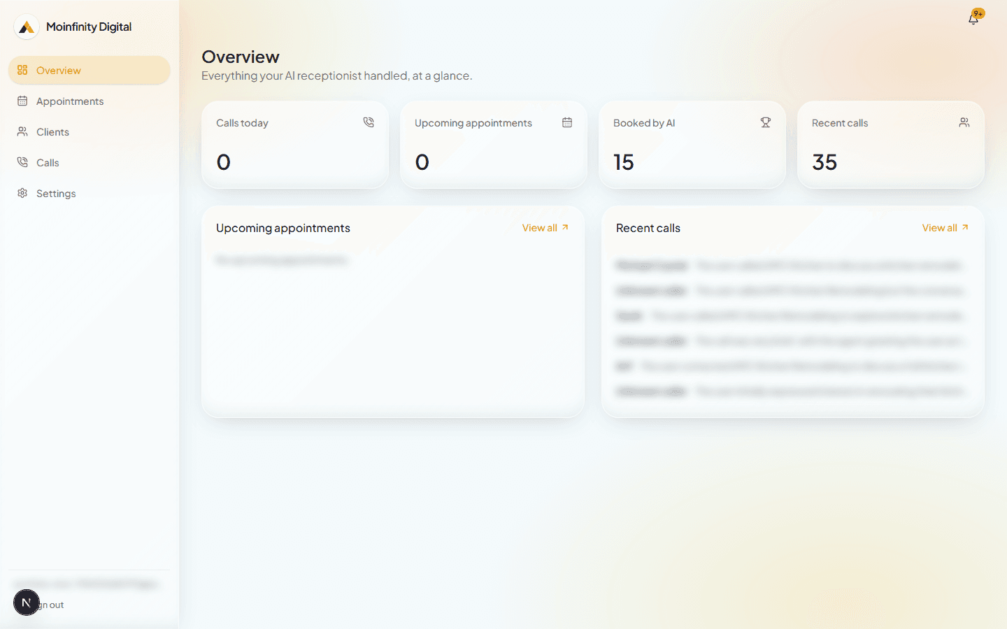 Screenshot of AI Receptionist Dashboard
